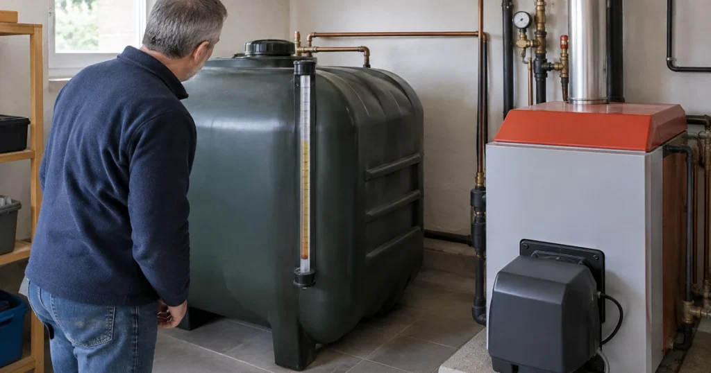 Cuve à fioul domestique et chaudière dans une chaufferie