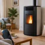 Poêle à granulés allumé dans un salon avec un sac de granulés de bois